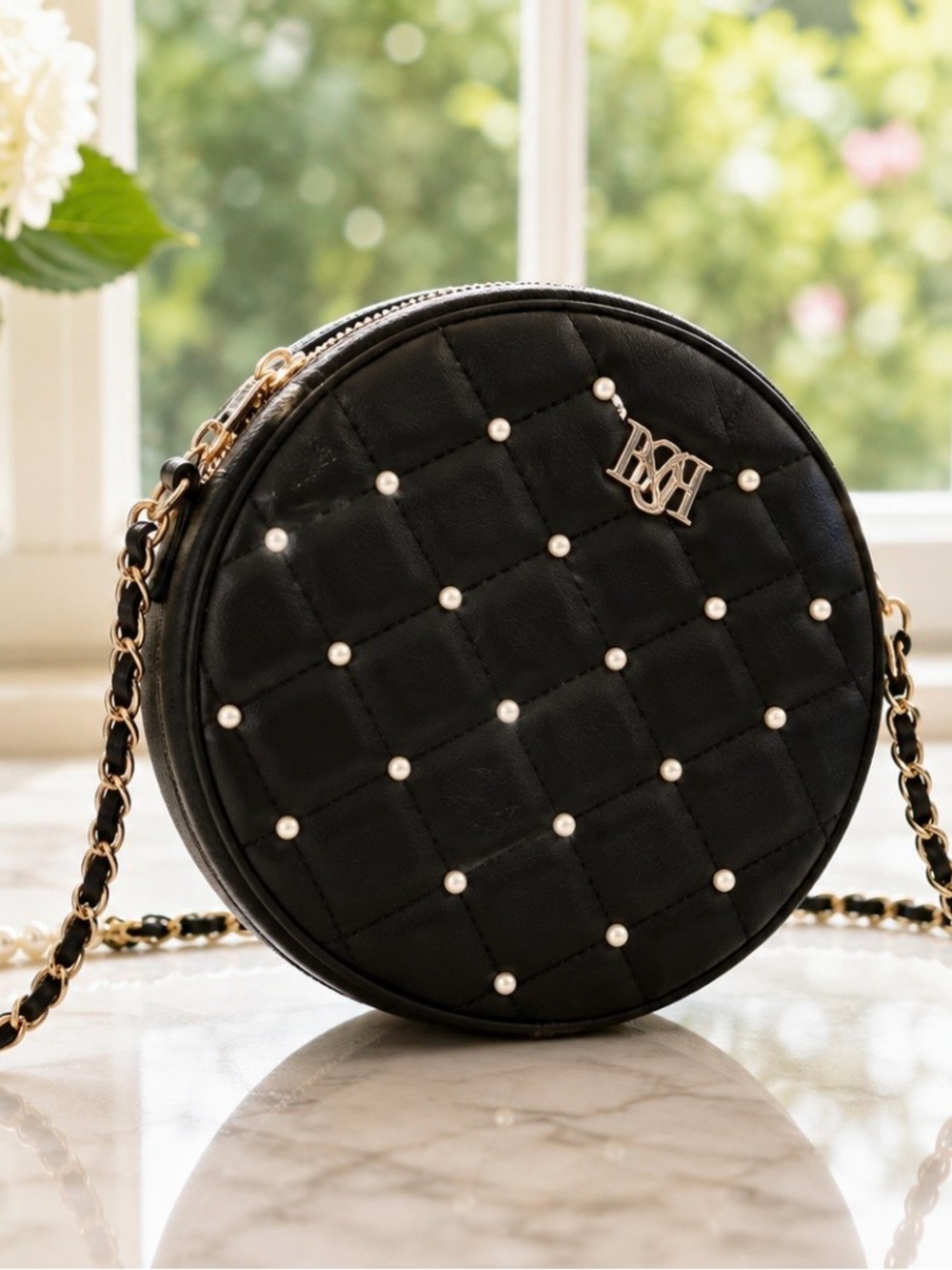 Badgley Mischka Round Quilted Pearl Crossbody Bag NWT